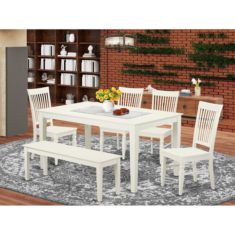 L'ensemble de salle à manger 6 pièces contient une table de salle à manger rectangulaire et 4 chaises de cuisine avec banc, 36 po x 60 po, lin blanc