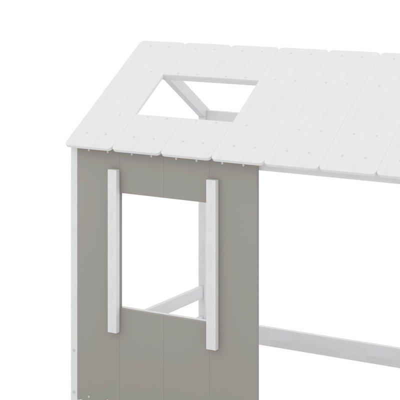 Plateforme pour lit simple avec fenêtre et toit, Blanc / gris antique
