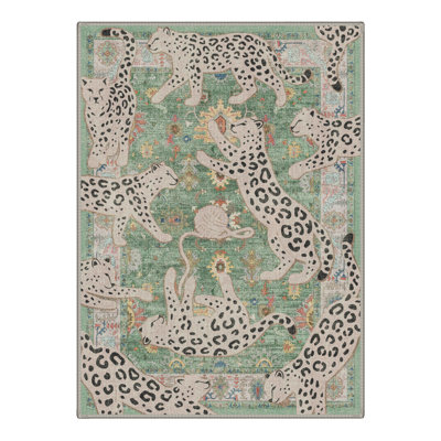 Allandale Leopard Print Green Machine Washable Area Rug With Non-Slip Backing