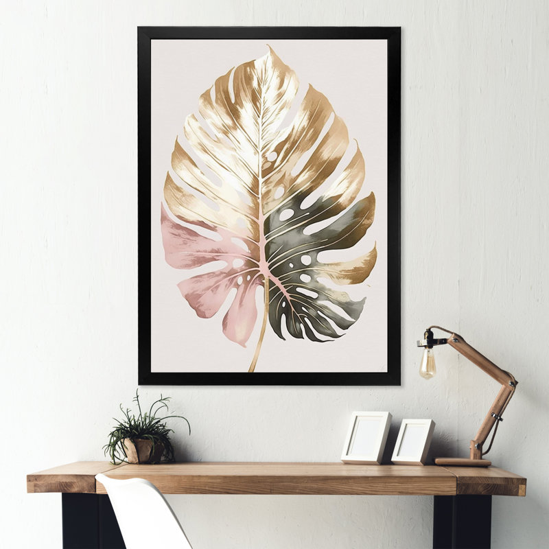 Feuille de philodendron doré et blanc II - reproduction sur toile, Impression noire sur toile encadrée