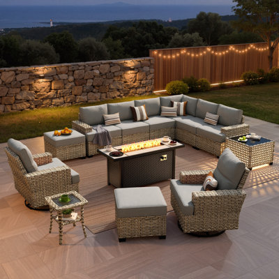 Ensemble de conversation modulaire en osier pour 10 personnes avec chaises pivotantes et coussins, ensemble de conversation pour patio avec foyer