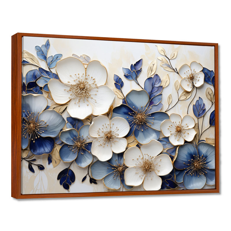 Minimalisme bleu et or - Violettes, art mural de salon, H 24 po x l 32 po x P 1 po, Brown Floater Framed