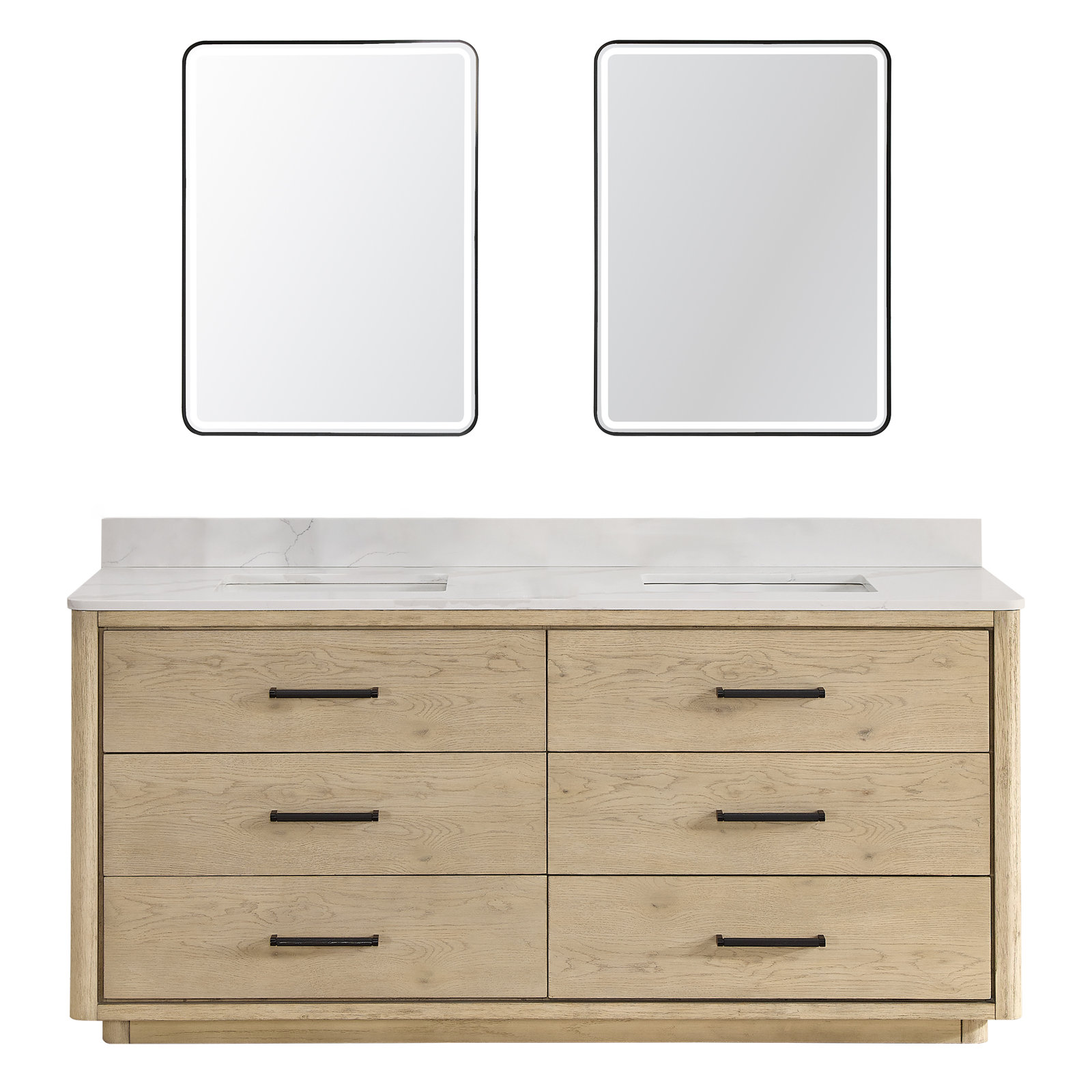 Porto 72'' Double Bathroom Vanity, Natural Oak, Matte Black