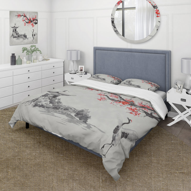 Ensemble de housse de couette Traditional Fuji Mountain avec Sakura japonais - Microfibre de polyester