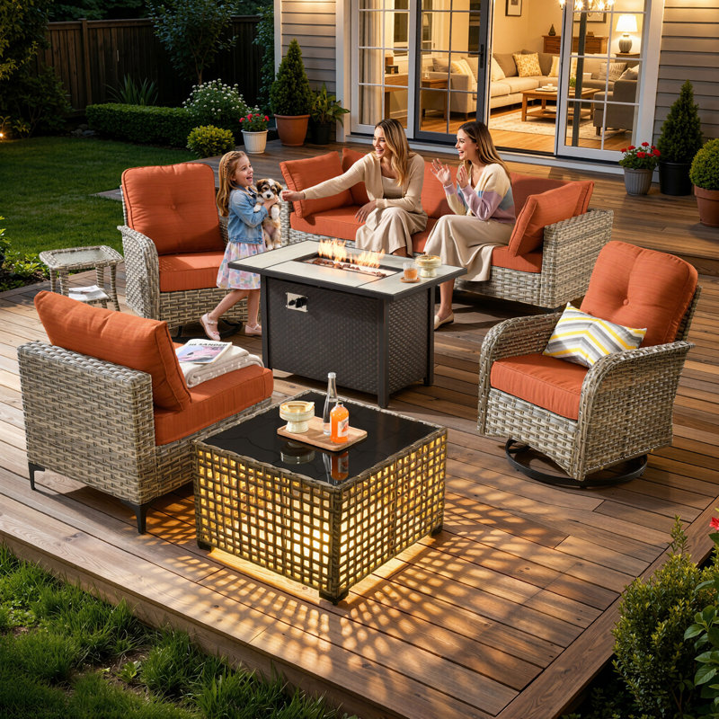 6 Seats High Quality Pe Rattan Outdoor Furniture Sofa With Rocking Chair And Stove, Can Be Freely Combined, Orange Stripe