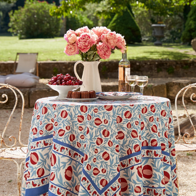 Handmade Red and Blue Floral Square Linen Tablecloth