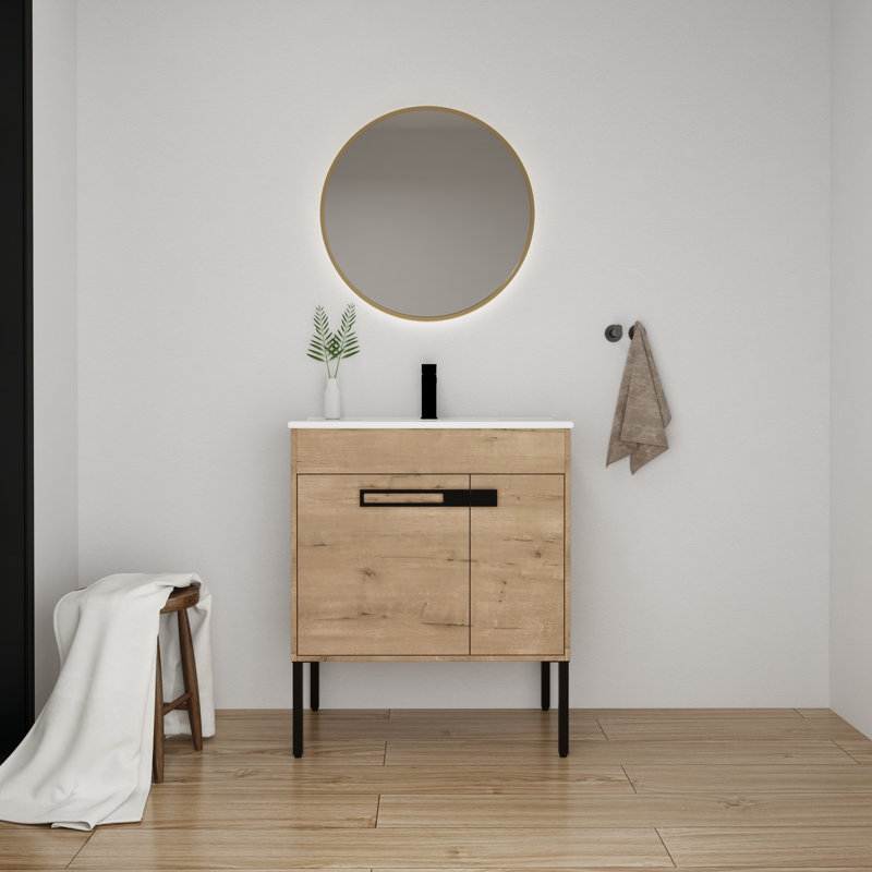 30 Inch Free-Standing Single Bathroom Vanity With Ceramic Vanity Top, Brun clair