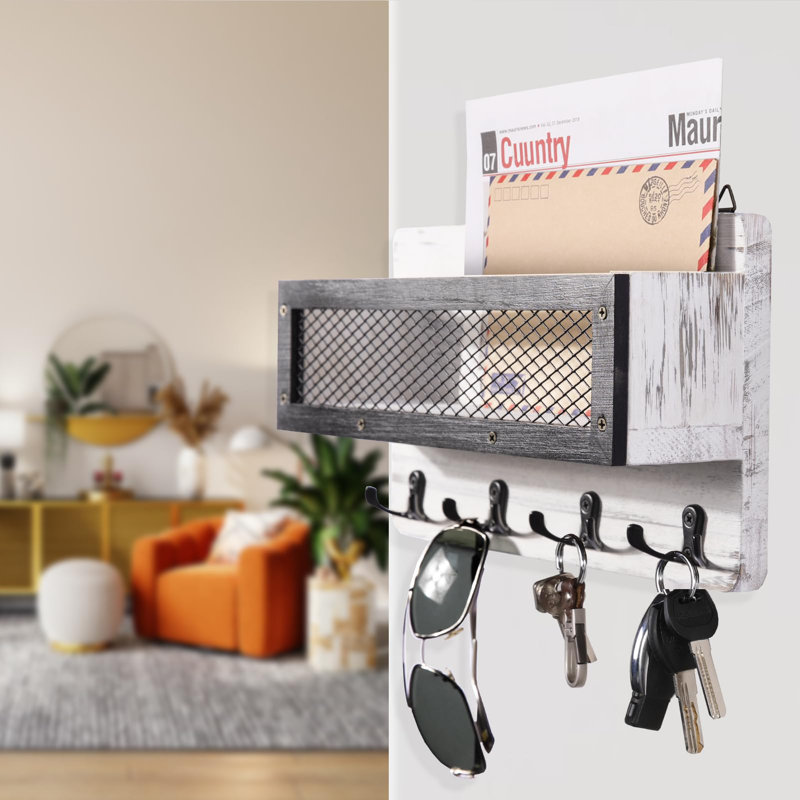 Porte-courrier et porte-clés pour décoration murale, porte-clés mural en bois avec 4 crochets à clés doubles, décoration rustique pour entrée, blanc