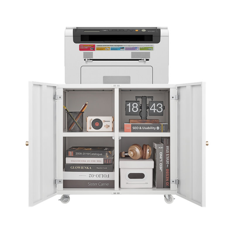 Mobile Printer Stand with File Storage Cabinet and Wheels, White