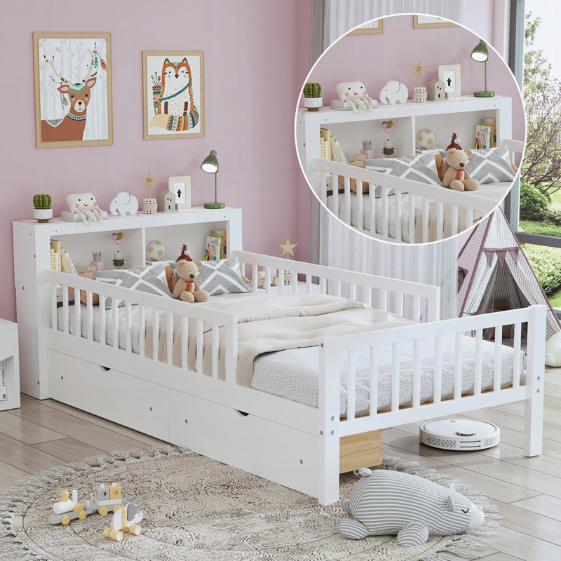 Lit en bois avec deux tiroirs sous le lit, Blanc