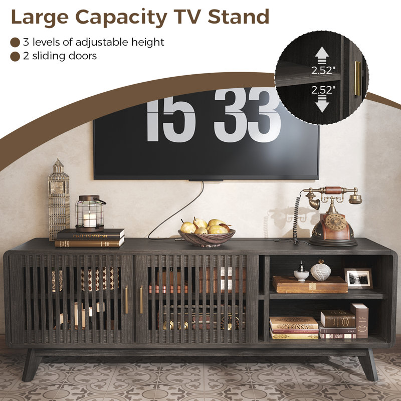 Maggie 63'' For Tvs Up To 72", Tv Console With 2 Sliding Doors In Grille Design And Charging Station, Mid Century Modern Entertainment Center With Storage For Living Room