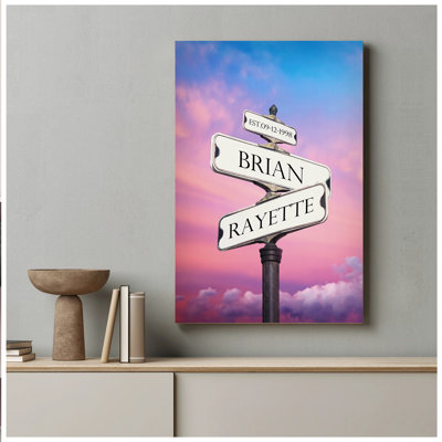 Art mural sur toile avec panneau et nom personnalisé - nom du ciel coucher de soleil romantique, Weddin