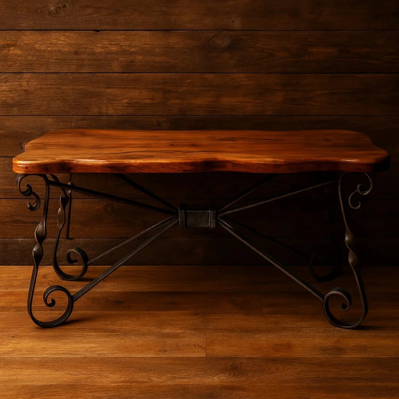 Handcrafted 72" Free Form Mesquite Wood Console Table: Rustic Modern Entryway Table With Forged Iron Base