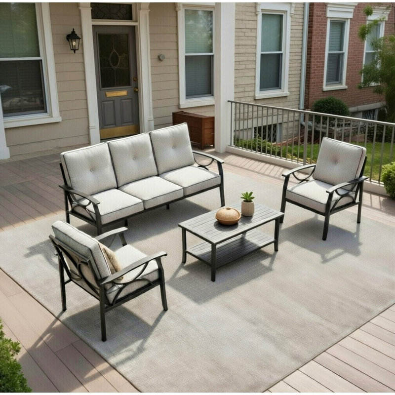 4-Piece Metal Patio Furniture Set, 5-Seat All-Weather Conversation Sofa With 4 Inches Thick Gray Cushions, Black Frame, Coffee Table For Porch Backyard Garden