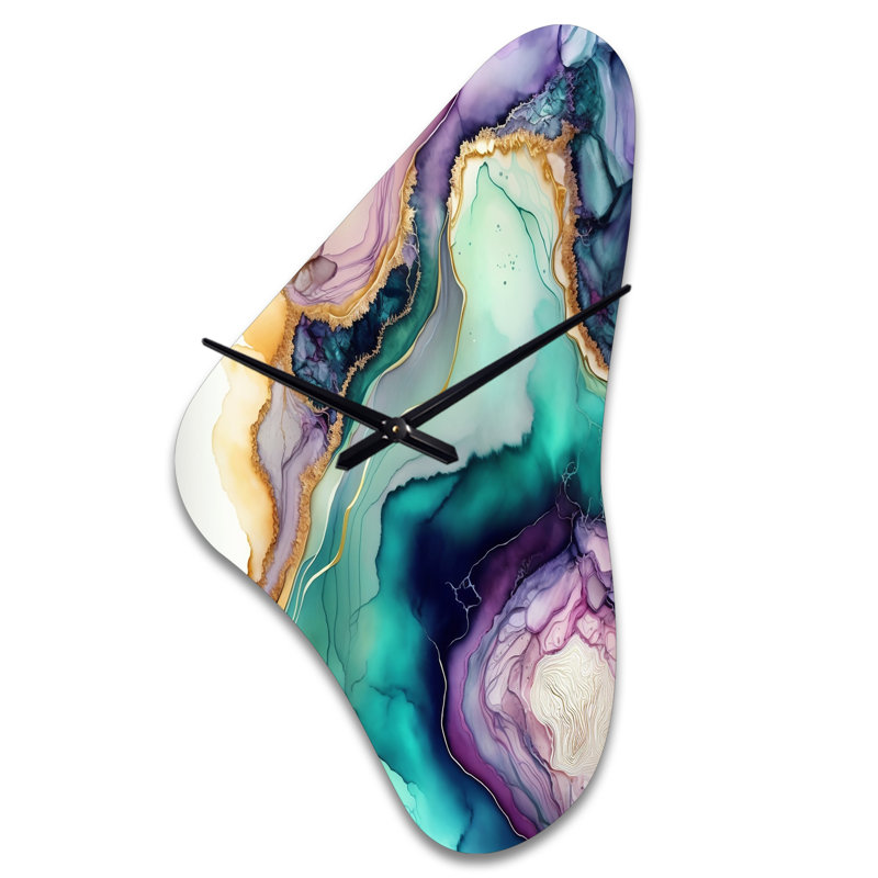 Géode abstraite verte mauve - horloge en métal asymétrique en marbre, impression d'horloge en métal de forme unique verte
