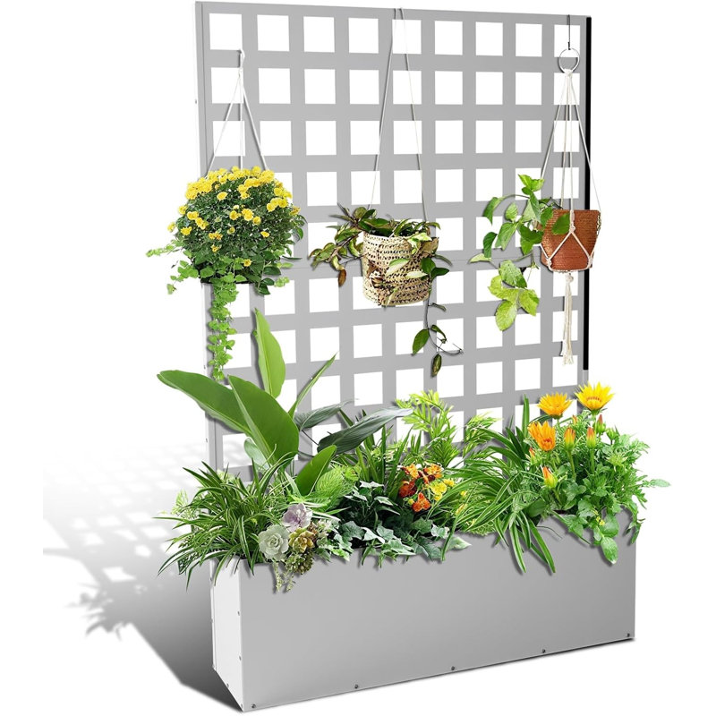 Boîte à fleurs surélevée en métal galvanisé 73 po x 47 po x 12 po avec grillage d'intimité en treillis, roues et trous de drainage, lit de jardin résistant aux intempéries pour plantes grimpantes, légumes et fleurs, blanc