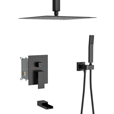 Système de douche en nickel brossé avec bec de baignoire en cascade - Plafonnier carré à 3 fonctions de 12 po, à pluie et à main - Valve équilibrée facile à installer et assurance hygiène simple