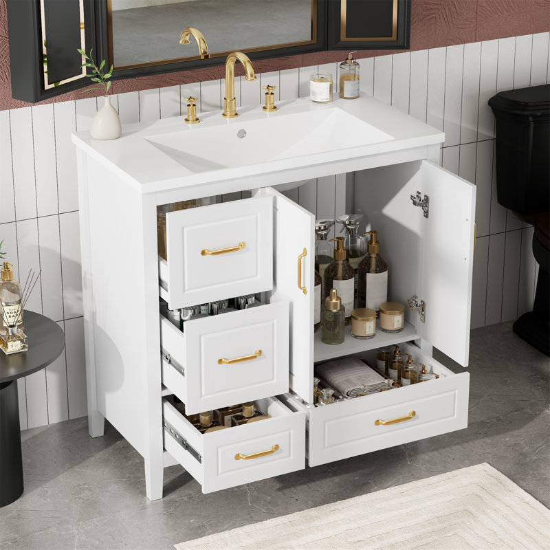 Meuble-lavabo simple 36 po avec lavabo en résine, armoire en verre à fermeture en douceur et tiroirs, Blanc