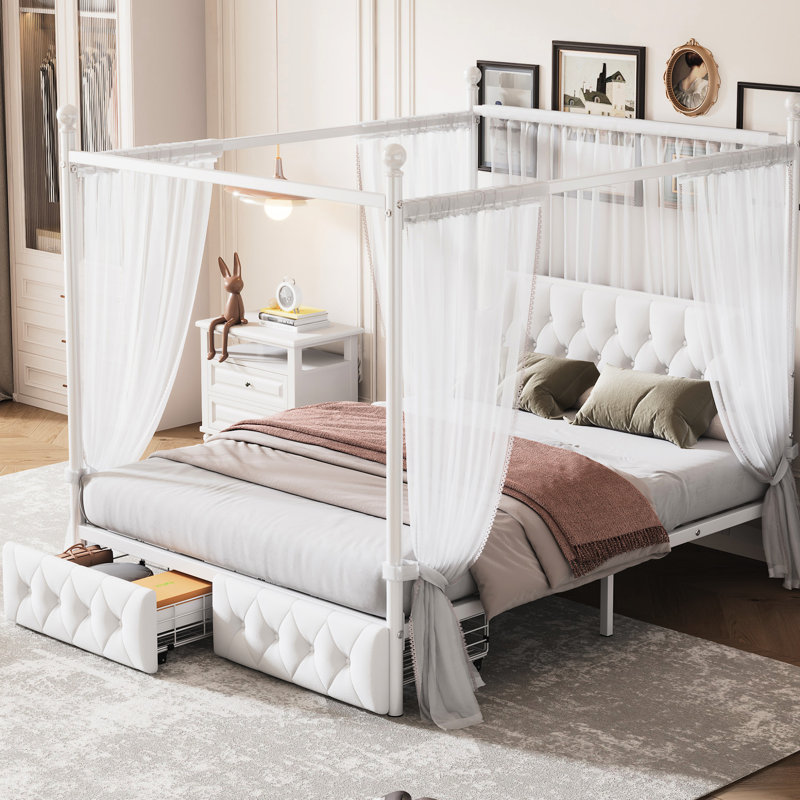 Metal Canopy Platform Bed Queen Size With Upholstered Headboard & 2 Unit , White And Two Storage Pockets,