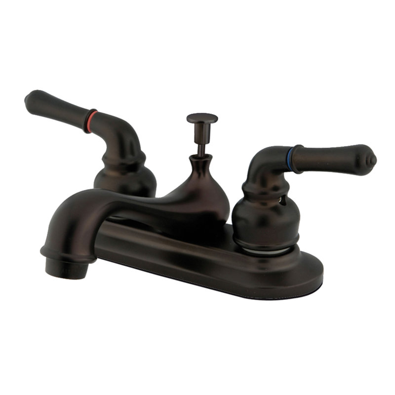Kingston Brass Restoration Two-Handle 3-Hole Deck Mount 4" Centerset Bathroom Faucet with Plastic Pop-Up, Oil Rubbed Bronze