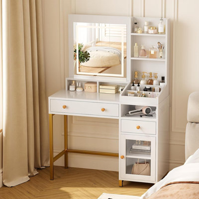 Vanity Desk with Lighted Mirror, Large Makeup Dressing Table Whit Power Outlet 2 Drawers 1 Cabinet and Open Storage Shelves for Bedroom Women Girls