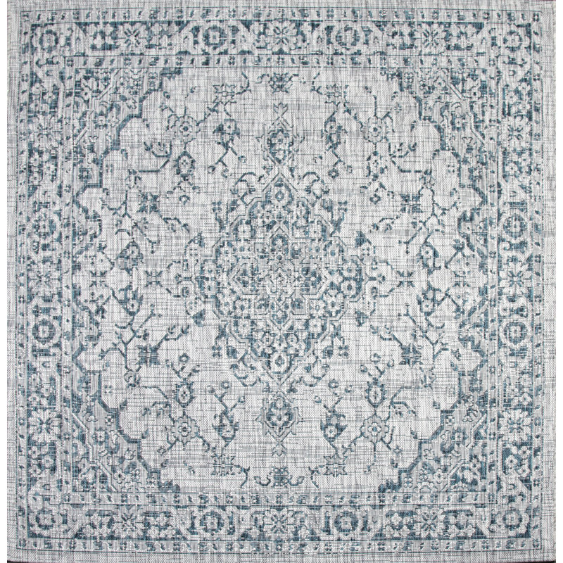 Nate Boho Medallion Textured Weave Gray/Teal Indoor/Outdoor Rug, Square 5'3"