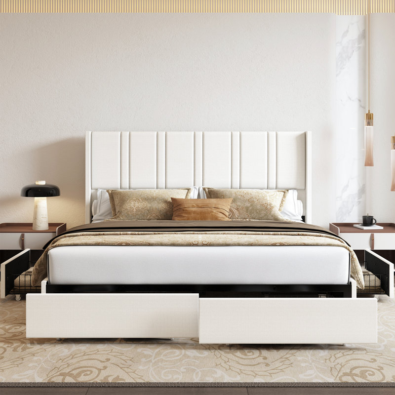 Latitude Run® Linen Upholstered Platform Bed Frame With 4 Storage Drawers And Wingback Headboard, No Box Spring Required, Easy Assembly