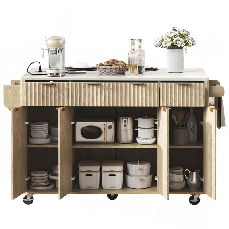 55.5" Fluted Kitchen Island With Drop Leaf, Power Outlet, 4 Doors & 3 Drawers, Natural/Granite