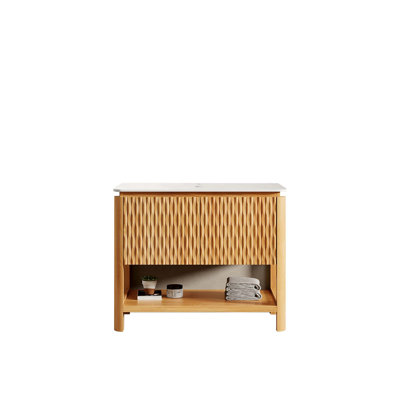 Meuble autonome de 91 cm (36 po) avec 2 portes et étagère ouverte, plateau en pierre frittée de Carrare, sans lavabo, sans robinet ni bonde, aspect bois.