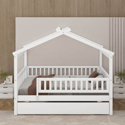 Full size wooden house bed with trundle