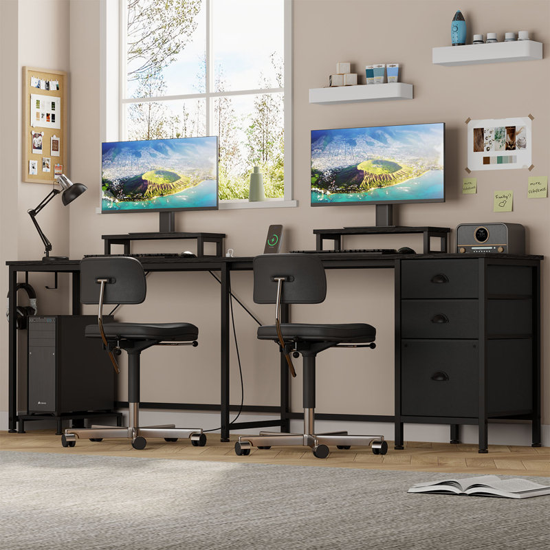 Morihisa L Shaped Desk, 94.5" Reversible Computer Gaming Desk With 3 Drawers, Corner Desk With 2 Monitor Stand, Home Office Desk Workstation