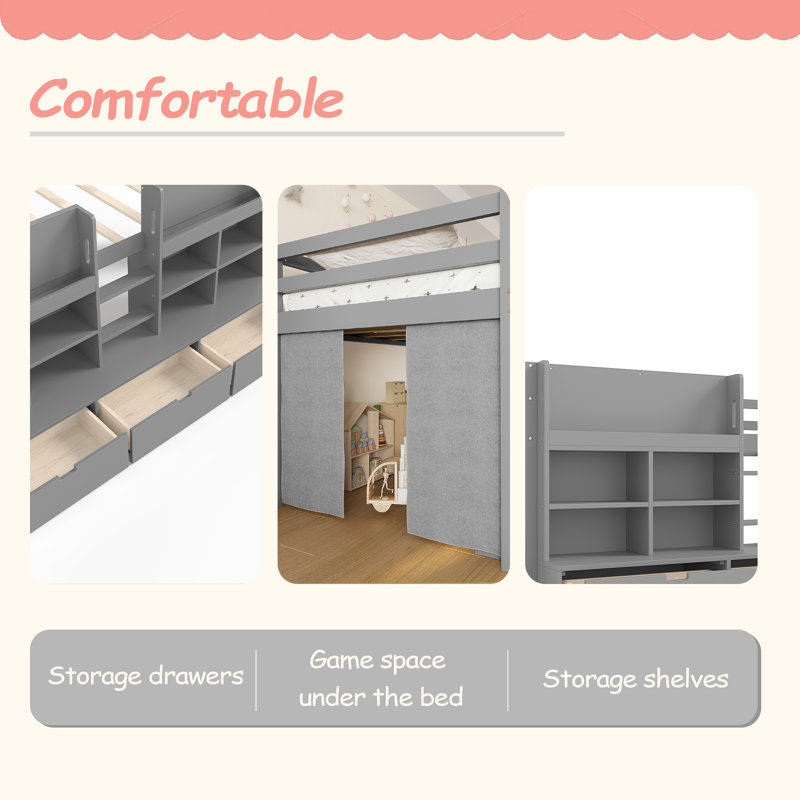 Lit mezzanine avec tablettes et rangements multiples, lit mezzanine bas avec rideau sous le lit et tableau noir, aucun sommier nécessaire