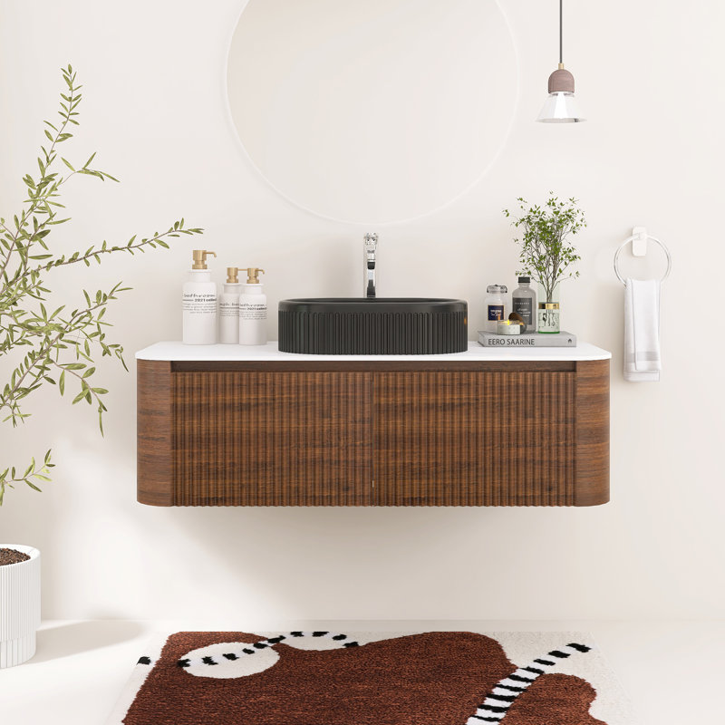 Meuble-lavabo mural cannelé 48 po avec lavabo vasque en céramique, deux tiroirs et porte-serviettes 48 po, Walnut