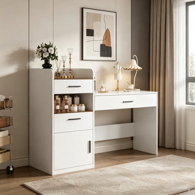 Bureau de coiffeuse 3 en 1 avec miroir rabattable, coiffeuse de maquillage compacte en verre et rangement caché, coiffeuse peu encombrante pour la chambre à coucher