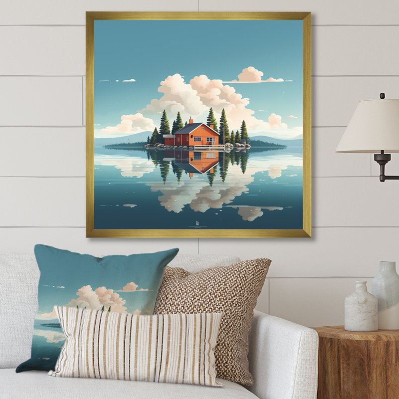 «Scenic Lake House Tranquility», reproduction sur toile, Cadre doré simple, H 30 po x l 30 po x P 1 po