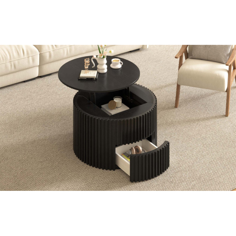 Table basse ronde à plateau relevable, décor moderne en bois cannelé avec rangement caché pour le salon, durable et élégant
