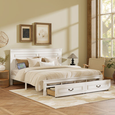 Lit plateforme en bois avec 4 tiroirs de rangement et station de charge USB
