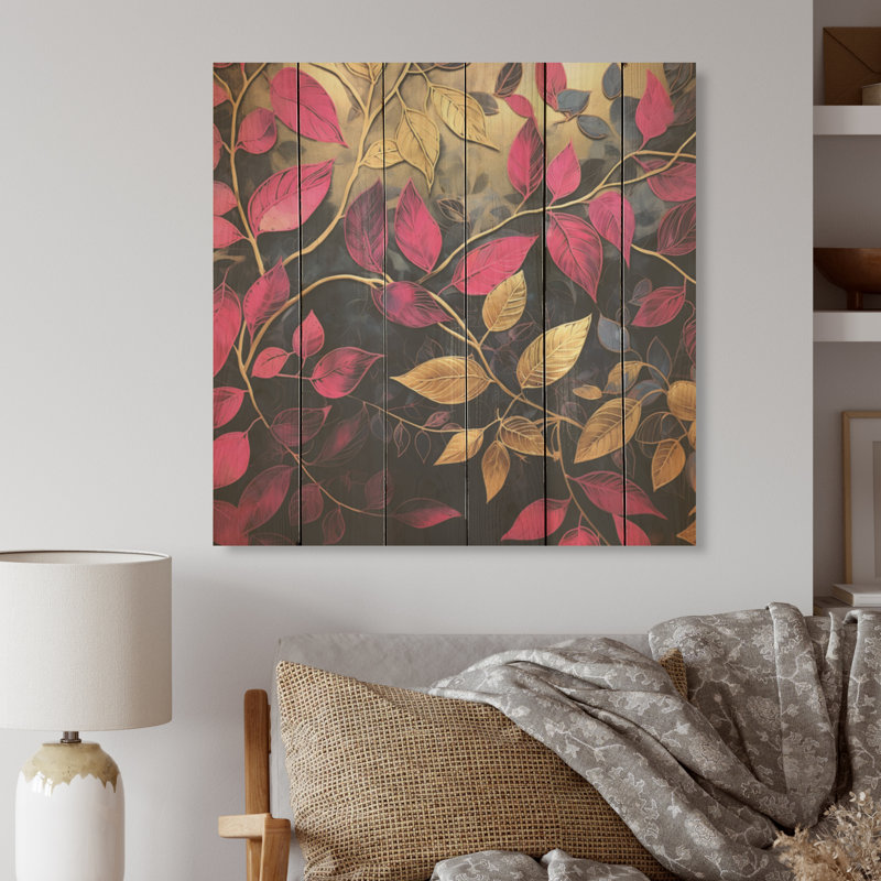 Or et breloque feuille rose en hiver - feuilles, art mural sur bois de pin naturel, H 36 po x l 36 po
