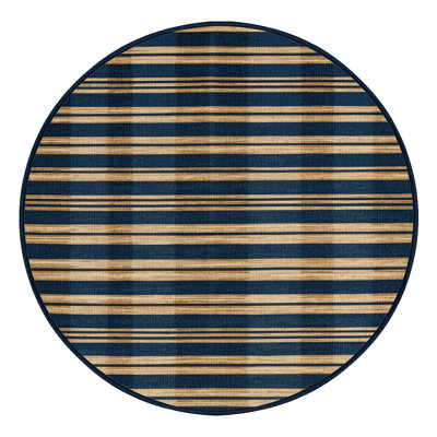 Washable Marine Blue Ivory Striped Area Rug