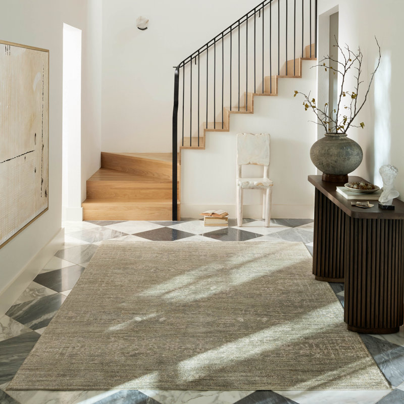 Gertwin Oriental Machine Woven Polypropylene/Polyester Area Rug in Gray/Beige, Square 1'6"