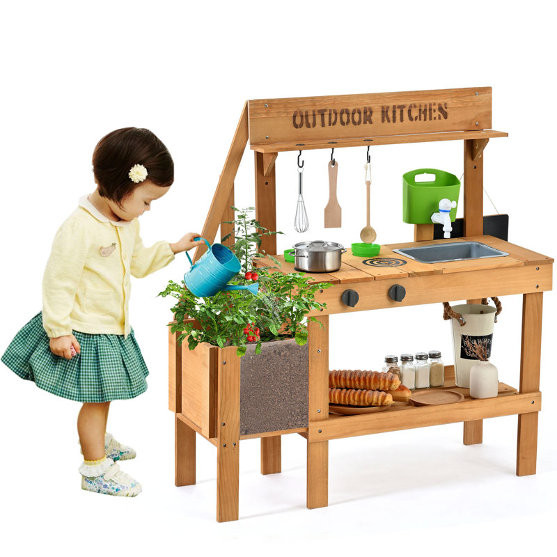 Mud Kitchen For Kids Outdoor, Wood Play Kitchen With Planter Box, Toddler Sink, Faucet, Blackboard, Water Cup And Accessories
