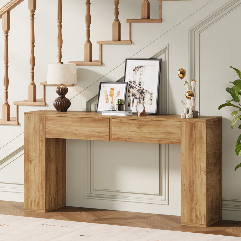 Console Diyanna 55,12 po avec 2 tiroirs et lumière DEL, Marron clair