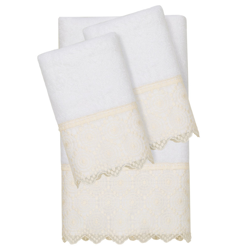  3 Piece Turkish Cotton Cream Lace Embellished Towel Set, Cream