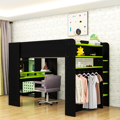 Full Wood Loft Bed With Adjustable-Height Desk, Wardrobe, RGB Light Strip And Charging Station