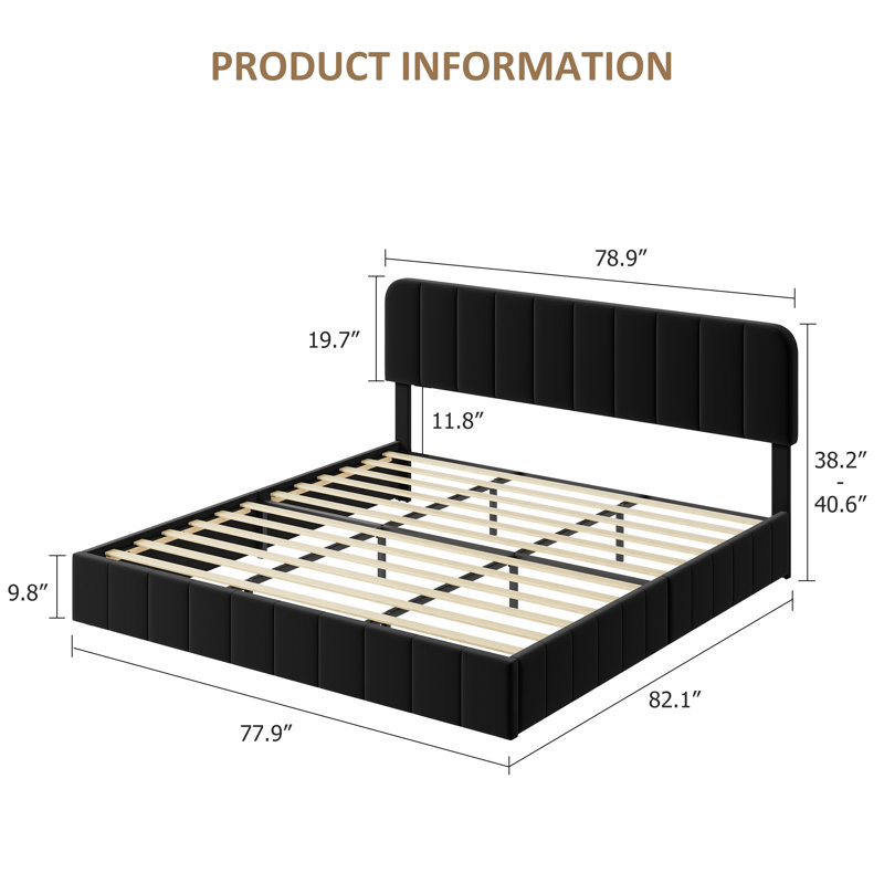 Structure de lit tapissier très grand en velours avec rails latéraux capitonnés à rainures verticales, tête de lit rembourrée moderne et support à lattes de bois, sans sommier tapissier, noir