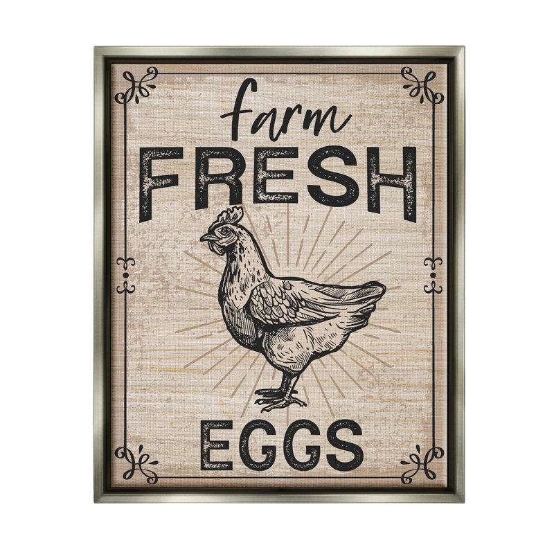 "Farm Fresh Eggs", poule rétro, encadrée par Angela Nickeas, H 21 po x l 17 po x P 1,7 po, Cadre flottant gris lustré