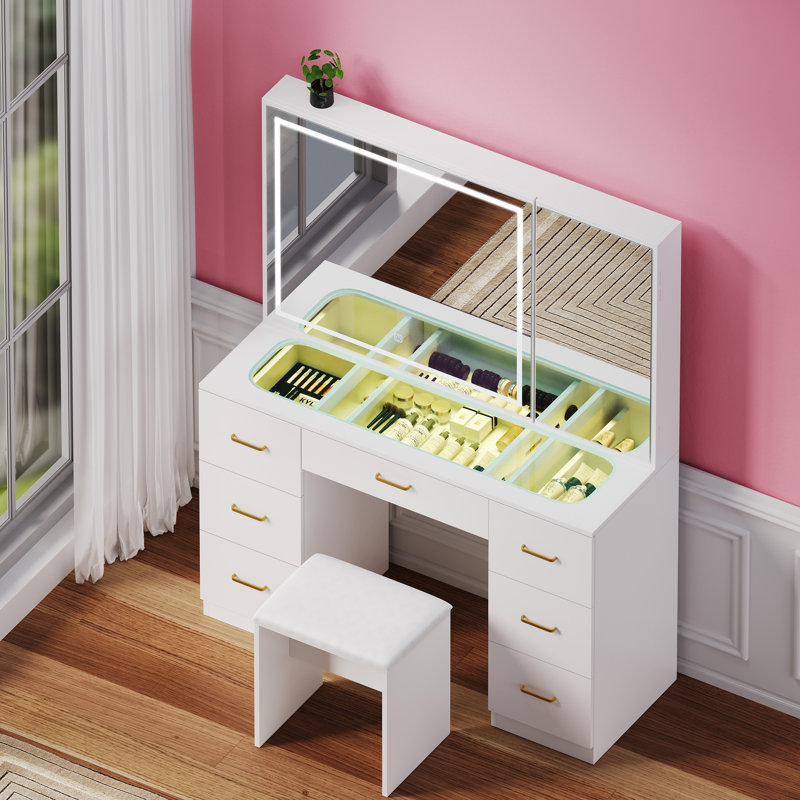 Ensemble de coiffeuse avec miroir éclairé, très grande coiffeuse à miroir avec 7 tiroirs et tabouret rembourré, coiffeuse avec tiroirs, bureau de coiffeuse de chambre à coucher (plateau de table en verre blanc, grand)