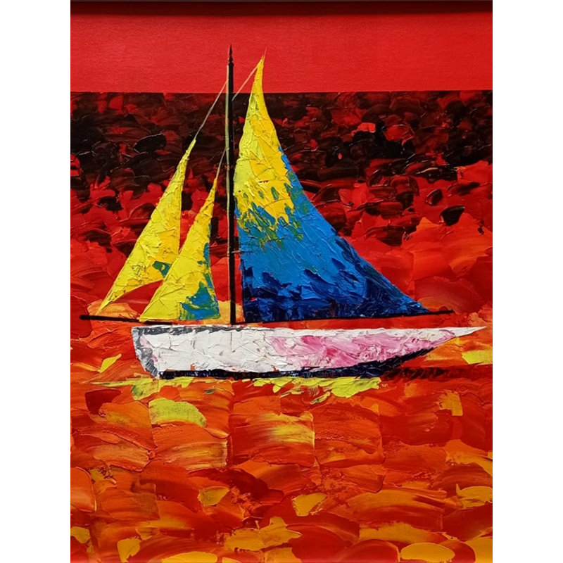 Floated Sailboat Acrylic Painting by Gokulam Vijay – 24" x 24" Vibrant Nautical Wall Art, Handmade Contemporary Canvas