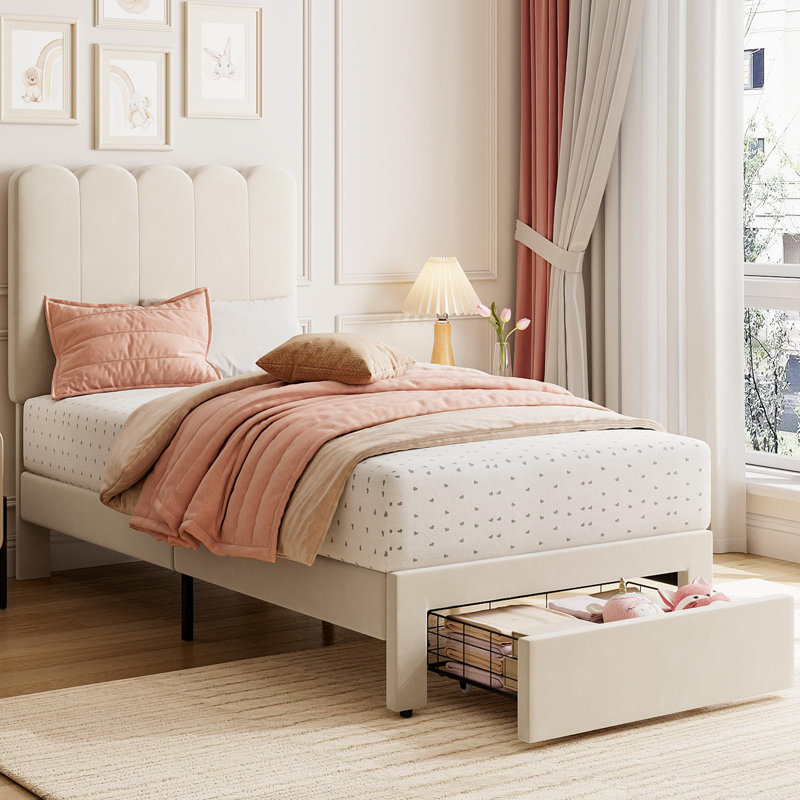 Structure de lit simple avec tiroir sous le lit, lit plateforme tapissier en velours, Blanc