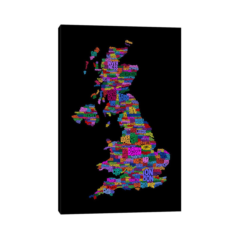 Great Britain UK City Text Map (Black), 20.32 cm H x 30.48 cm W